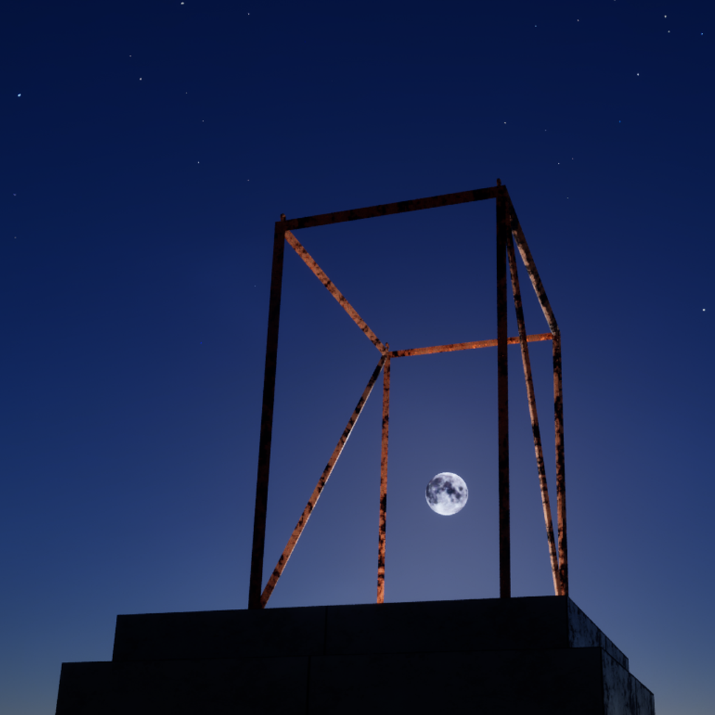 Moon shining through Green Bridge sculpture